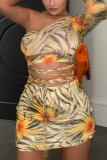 Yellow Street Print Hollowed Out Patchwork Oblique Collar Long Sleeve Mini Pencil Skirt Dresses