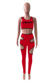 Pink Sexy Casual Letter Print Hollowed Out O Neck Sleeveless Two Pieces