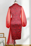 Red Sexy Print Mesh Pencil Skirt Dresses