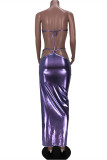 Purple Sexy Solid Hollowed Out Backless Slit Strap Design Strapless Sleeveless Two Pieces