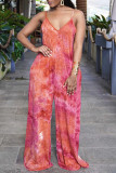 Rose Red Sexy Casual Print Tie Dye Backless Spaghetti Strap Loose Jumpsuits