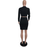 Black Cute Active Spaghetti Strap Long Sleeves O neck Hip skirt Mini Two Piece Dresses