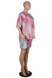 celadon Polyester Fashion Casual adult Patchwork Tie Dye Two Piece Suits pencil Short Sleeve Two Pieces