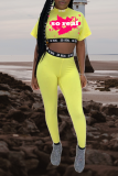 Yellow Casual Print Letter Half A Turtleneck Short Sleeve Two Pieces