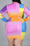 Multi-color Casual Print Patchwork Zipper Collar Pencil Skirt Dresses