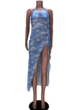 Sky Blue Sexy Print Patchwork Mesh Swimwears Three Pieces