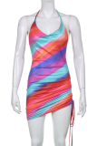 Multi-color Sexy Print Draw String Halter Pencil Skirt Dresses