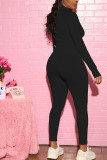Black Fashion Sportswear Adult Polyester Solid Split Joint O Neck Long Sleeve Regular Sleeve Regular Two Pieces