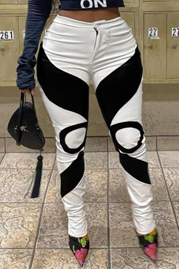 White Fashion Casual Print Basic Mid Waist Pencil Trousers