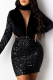 Black Sexy Patchwork Sequins Mesh Turtleneck Wrapped Skirt Dresses