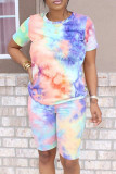 Multicolor Fashion Casual Print Tie-dye O Neck Short Sleeve Two Pieces