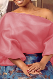 Pink Casual Solid Patchwork One Shoulder Tops