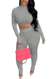 Grey Fashion Sexy Adult Polyester Solid Split Joint Turtleneck Long Sleeve Cap Sleeve Short Two Pieces