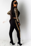 Black knit Sexy Patchwork Two Piece Suits Solid Straight Long Sleeve