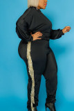 Black Daily Solid Tassel O Neck Plus Size