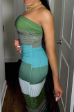Green Sexy Striped Split Joint Off the Shoulder Pencil Skirt Dresses