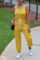 Yellow Sexy Solid Polyester Sleeveless O Neck Jumpsuits