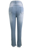Blue Denim Zipper Fly Sleeveless Mid Solid Patchwork pencil Pants Pants