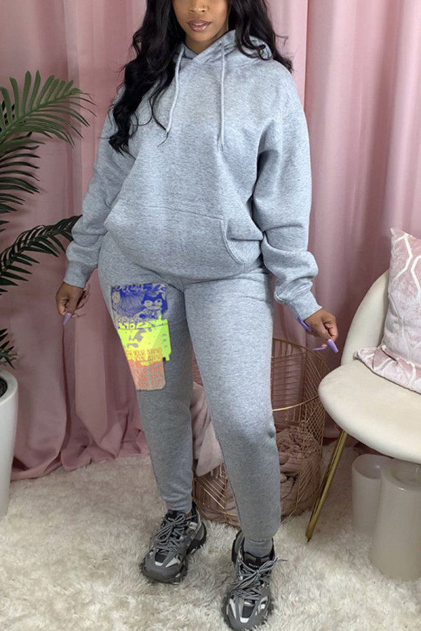 Grey Celebrities Print Hooded Collar Long Sleeve Two Pieces