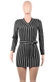 Black Fashion Long Sleeves O neck Hip skirt Mini Striped Long Sleeve Dresses
