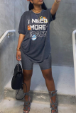 Grey Casual Print Patchwork O Neck Short Sleeve Two Pieces
