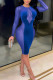 Color Blue Work Daily Solid Hollowed Out Patchwork See-through Pencil Skirt Dresses