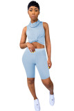 Light Blue knit Fashion Sexy adult Ma'am Patchwork Solid Two Piece Suits Straight Sleeveless Two Pieces