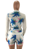 White Milk Silk Casual Floral Print Zippered Straight Long Sleeve Two Pieces