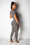 Black Sexy Fashion Striped Print Patchwork Polyester Short Sleeve V Neck Jumpsuits