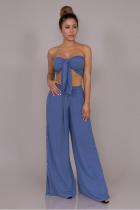Blue Polyester Fashion Sexy crop top Slim fit Two Piece Suits Beading asymmetrical Solid bow-knot Straigh