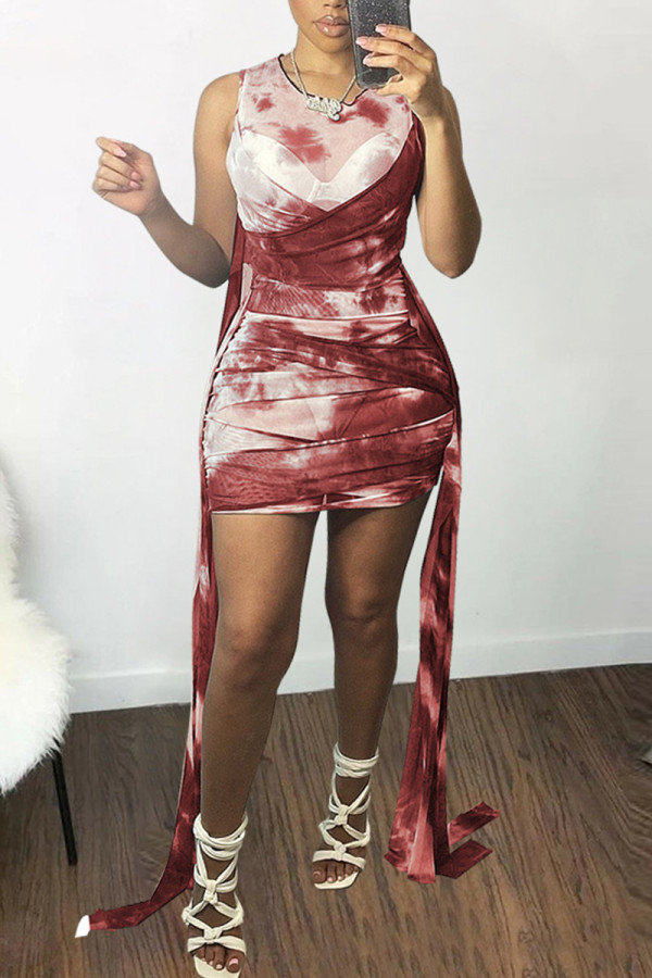 Burgundy Fashion Sexy Print Tie Dye Draw String Frenulum O Neck Vest Dress
