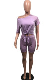 purple Polyester Fashion Casual adult Ma'am Patchwork Solid Two Piece Suits pencil Short Sleeve Two Pieces