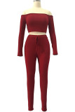 Wine Red Fashion Sexy Adult Polyester Solid Split Joint Bateau Neck Long Sleeve Regular Sleeve Short Two Pieces