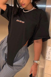 Black Casual Letter Printing O Neck Tops