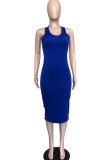Blue Fashion Solid Backless Asymmetrical O Neck Asymmetrical Dresses