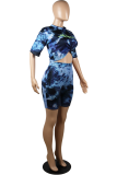 Black Casual Patchwork Tie-dye O Neck Half Sleeve Two Pieces