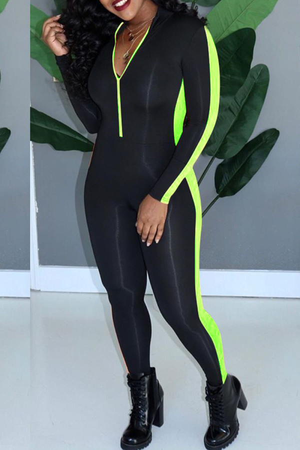 Green Casual Solid O Neck Regular Jumpsuits