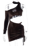 Coffee Sexy Solid Hollowed Out Frenulum Dresses