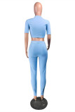 Light Blue Fashion Casual Letter Print Basic O Neck Short Sleeve Two Pieces