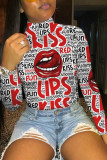 White Casual Print Turtleneck Tops