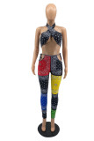 White Fashion Sexy Print Hollowed Out Patchwork Backless Halter Sleeveless Two Pieces