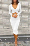 Red Sexy Solid Hollowed Out Split Joint V Neck Wrapped Skirt Dresses