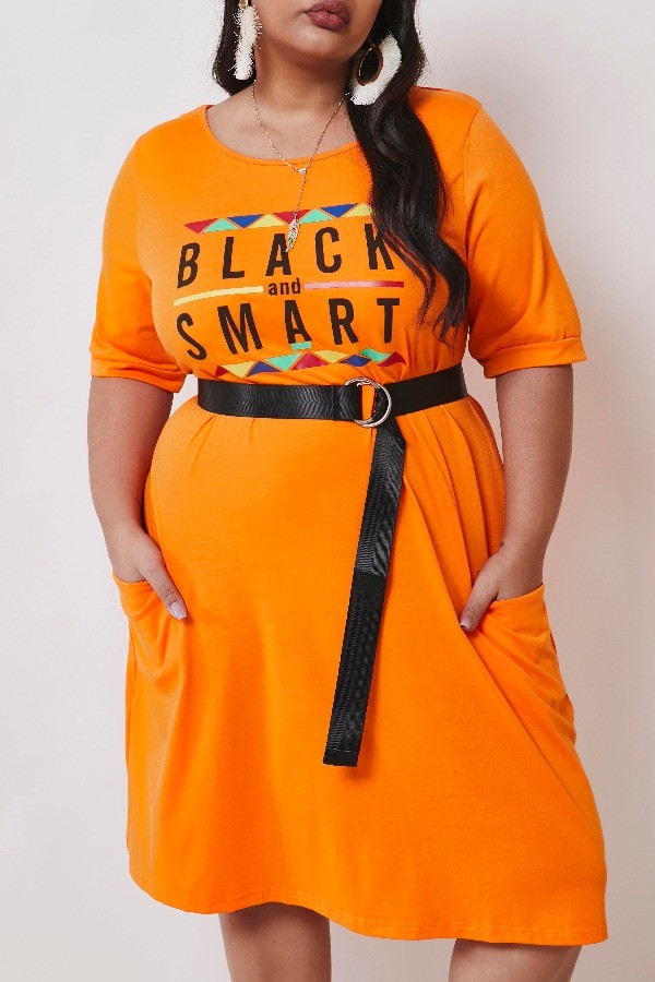 Orange Polyester Fashion adult Ma'am Street O Neck Print Plus Size
