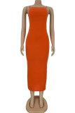 Orange Fashion Sexy adult Orange Off The Shoulder Sleeveless Slip Pencil Dress Ankle-Length Patchwork Solid backless hollow out asymmetrical Dresses
