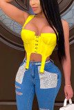 Yellow Slip Sleeveless Patchwork Solid Tops