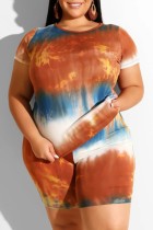 Orange Polyester Fashion Casual O Neck Tie Dye Plus Size
