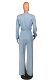 Light Blue Casual Solid O Neck Long Sleeve Two Pieces