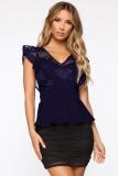 Royal blue Polyester V Neck Sleeveless Embroidery Solid Mesh Patchwork
