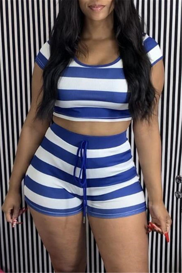 Blue Casual Striped Print Basic O Neck Short Sleeve Two Pieces