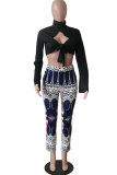 Multi-color Polyester Elastic Fly Mid Patchwork Print Boot Cut Pants Pants